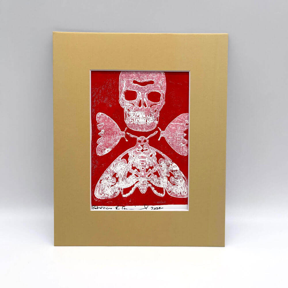 Death's Head Moth Skull Red Tan | Monoprinted Gel Print - PM Artist Studio